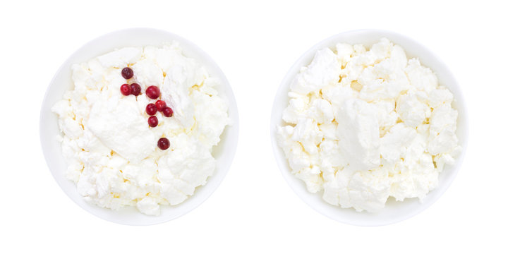 Set Of Fresh Natural Cottage Cheese With Cranberry Yogurt In A White Ceramic Bowl Isolated On White. An Overhead Photo Of Organic Eco Healthy Meal, Dairy Product. Top View.