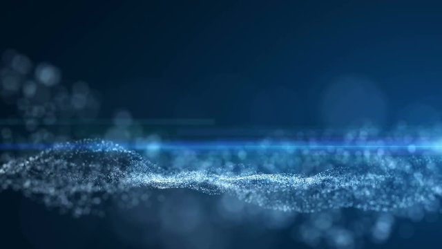 Seamless loop, blue background, digital signature with wave particles, sparkle, veil and space with depth of field. The particles are white light lines.