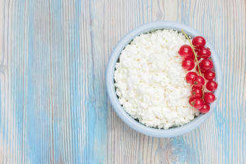 An overhead photo of fresh natural cottage cheese with red currant in a blue ceramic bowl on the wooden table. Organic eco healthy meal, dairy product. Top view. Place for text, copyspace.