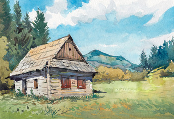 old thatched cottage watercolor painting 