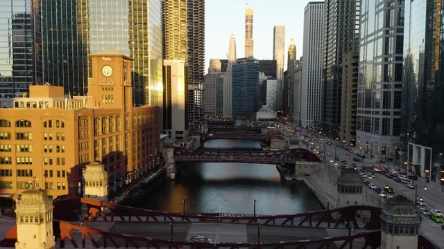 Aerial Perspective of Chicago River during Golden Hour - 4k Cinematic