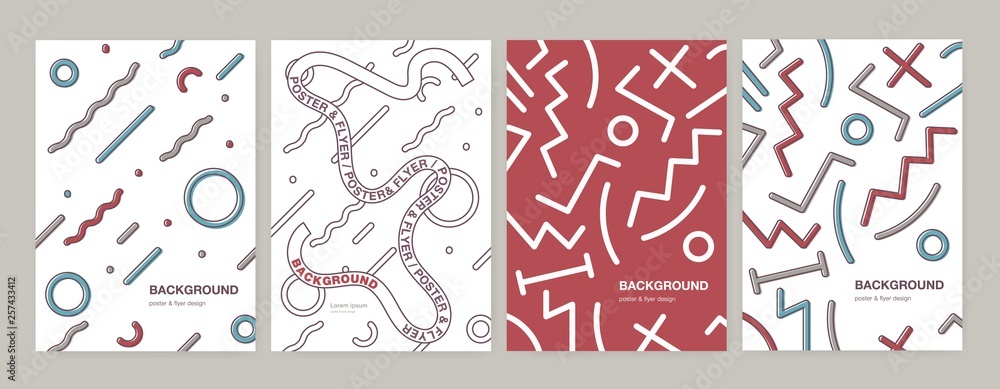 Poster set of modern vertical poster, flyer or card templates with abstract geometric shapes, curved and zi