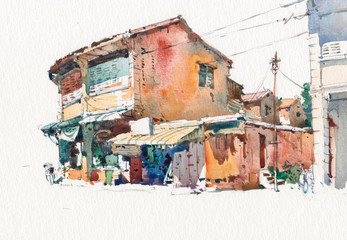 old heritage building watercolor city scene painting