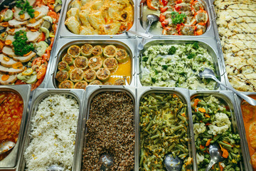 Big banquet table with chafing dish heaters