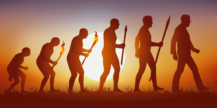 Concept de la théorie de l’évolution de Darwin, illustré avec la transformation de la silhouette humaine, de homme primitif à l’homme moderne.