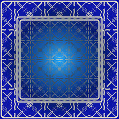 Background, Geometric Pattern With Ornate Lace Frame. Illustration. For Scarf Print, Fabric, Covers, Scrapbooking, Bandana, Pareo, Shawl. Blue silver color