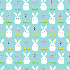 white easter bunnies tulips and butterflies pattern