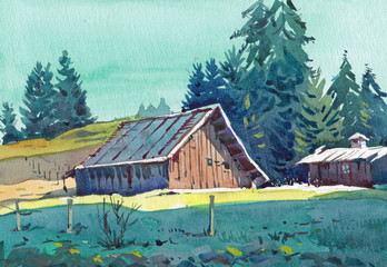 old cottage barn countryside watercolor painting