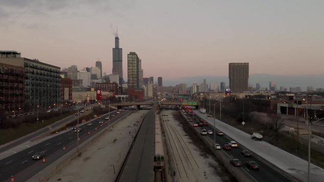 Subway Heading towards city - 4k Aerial