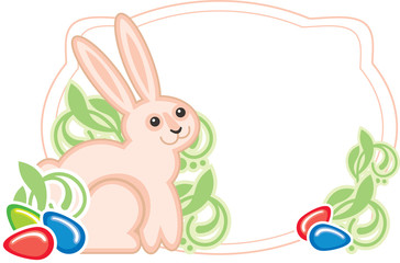 Elegant frame with cute easter bunny. Holiday tag, label with easter symbols