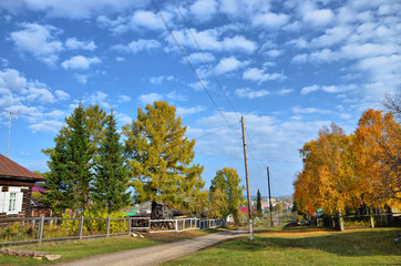 Golden autumn in the Urals village Tirljan.
