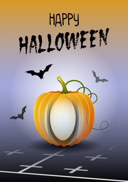 Happy Halloween. Sports greeting card. Realistic rugby ball in the shape of a Pumpkin. Vector illustration.