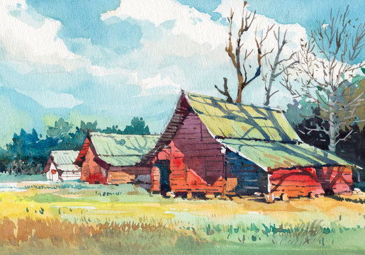 old barn cottage in watercolor