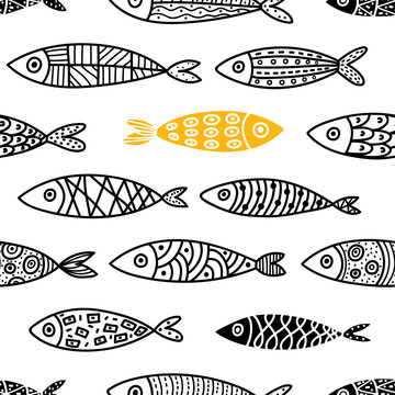 Fish. Cute vector line seamless pattern. Endless pattern can be used for ceramic tile, wallpaper, linoleum, textile, web page background.