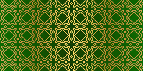 Seamless Patterns Set, Abstract Traditional Geometric Texture. Ornament For Interior Design, Greeting Cards, Birthday Or Wedding Invitations, Paper Print. Ethnic Background In East Style. Green gold