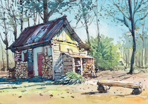 old wood cottage watercolor painting