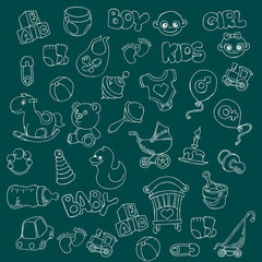 Vector hand drawn set of Newborn Baby Care cartoon doodle objects and items.