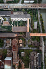 aerial view of industrial buildings in an abandoned factory