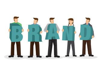 A group of businesspeople holding giant alphabet to form the word Brand. Concept of collaboration, teamwork or corporate culture. Isolated vector illustration.