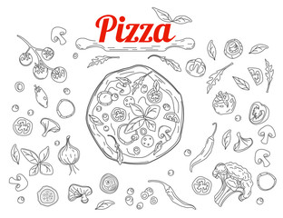 Italian pizza and ingredients top view frame. Italian food menu design template. Vintage hand drawn sketch, vector illustration. Food in doodle style.