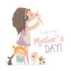 Calm mother with her crying children and pets