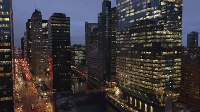 Downtown Chicago River at Dusk - Cinematic 4k Aerial
