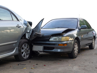 Fototapeta na wymiar Car crash accident on street with wreck and damaged automobiles. Accident caused by negligence And lack of ability to drive. Due to illness