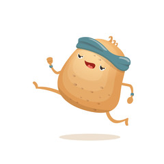 Cartoon funky potato character running or jogging isolated on white background. Cute sporty vegetable character making cardio sport exercise. Fitness cardio concept