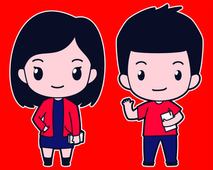 chibi cute flat vector boy and girl student holding book in red shirt