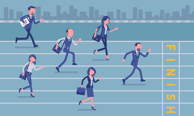 Businessmen running at business competition. Rivalry race between companies or managers, workers in motivational contest, employees establishing superiority. Vector illustration, faceless characters