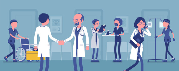 Doctors, nurses working in a hospital. Busy day in clinic department, staff and patients given professional medical treatment, health care institution routine. Vector illustration, faceless characters