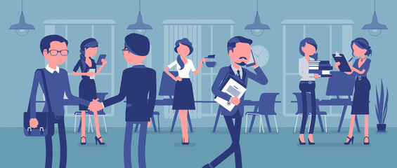 Employees busy in the office. Group of business people working in room, businessmen meet colleagues, perform professional activity in positive corporate mood. Vector illustration, faceless characters