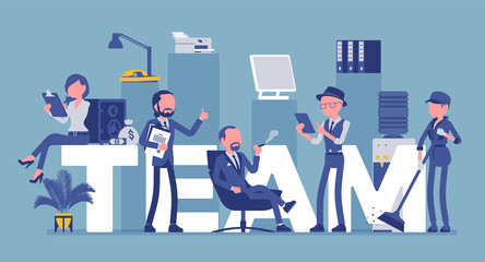 Team giant letters and people. Group of diverse men working together to achieve a common goal, friendship and collaboration to do task, job, business project. Vector illustration, faceless characters