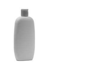 Baby oil or shampoo bottle isolated on white background. Copy Space and Black and White