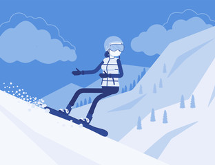 Naklejka na ściany i meble Active sporty woman riding on snowboard, enjoy winter outdoor fun on ski resort with beautiful snowy nature, mountain view, wintertime tourism and recreation. Vector illustration, faceless characters
