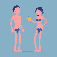 Adam and Eve, Bible first man and woman. Creation myth people with forbidden tree fruit, apple, naked couple, male fall and mankind sin. Vector illustration, faceless characters