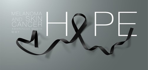Melanoma and Skin Cancer Awareness Calligraphy Poster Design. Hope. Realistic Black Ribbon. May is Cancer Awareness Month. Vector