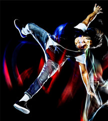 one chinese young man hip hop break dancer dancing isolated on black background with speed light painting effect motion blur