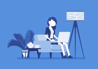 Female employee working from home. Happy freelance worker, self-employed in comfortable remote location workspace, homeworking, career in telecommuting jobs. Vector illustration, faceless characters