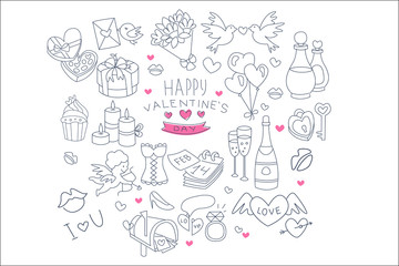 Happy Valentines Day set, hand drawn wedding and love design elements vector Illustrations on a white background