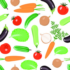 Produce. Zucchini, eggplant, tomatoes, cucumbers, radishes, carrots, onions, garlic . Vector seamless pattern