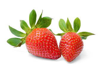 Two mouth-watering juicy strawberries on an isolated white background. Bright saturated colors. Close-up. Side view.