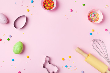 Easter baking background with kitchen tools for holiday sweet bakery top view. Flat lay.