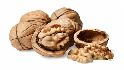 A bunch of whole and chopped walnuts. White isolated background. Side view.