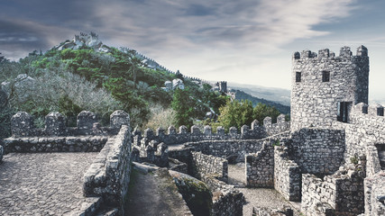 panorama, Moorish Castle on the hill above the city of Sintra in Portugal, spring day