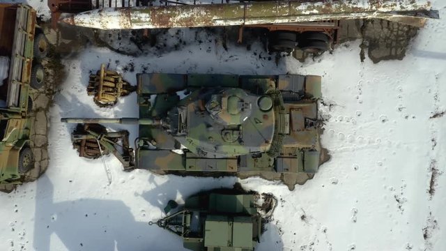 Close up of M-60 Army Tank from an aerial perspective [4K] [30 fps]