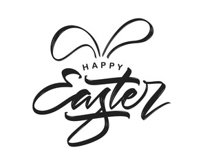 Handwritten calligraphic modern brush type lettering of Happy Easter with bunny ears.