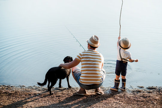 A rear view of father with a small toddler son and dog outdoors fishing by a lake.