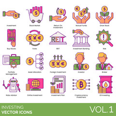 Fototapeta premium Investing icons including investment, stock market, return, mutual funds, grow, buy, forex, REIT, banking, risk, portfolio management, asset allocation, foreign, investor, broker, robo advisor, online