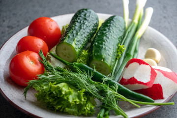 cucumber, tomato, radish, parsley, onion and other vegetables on a plate